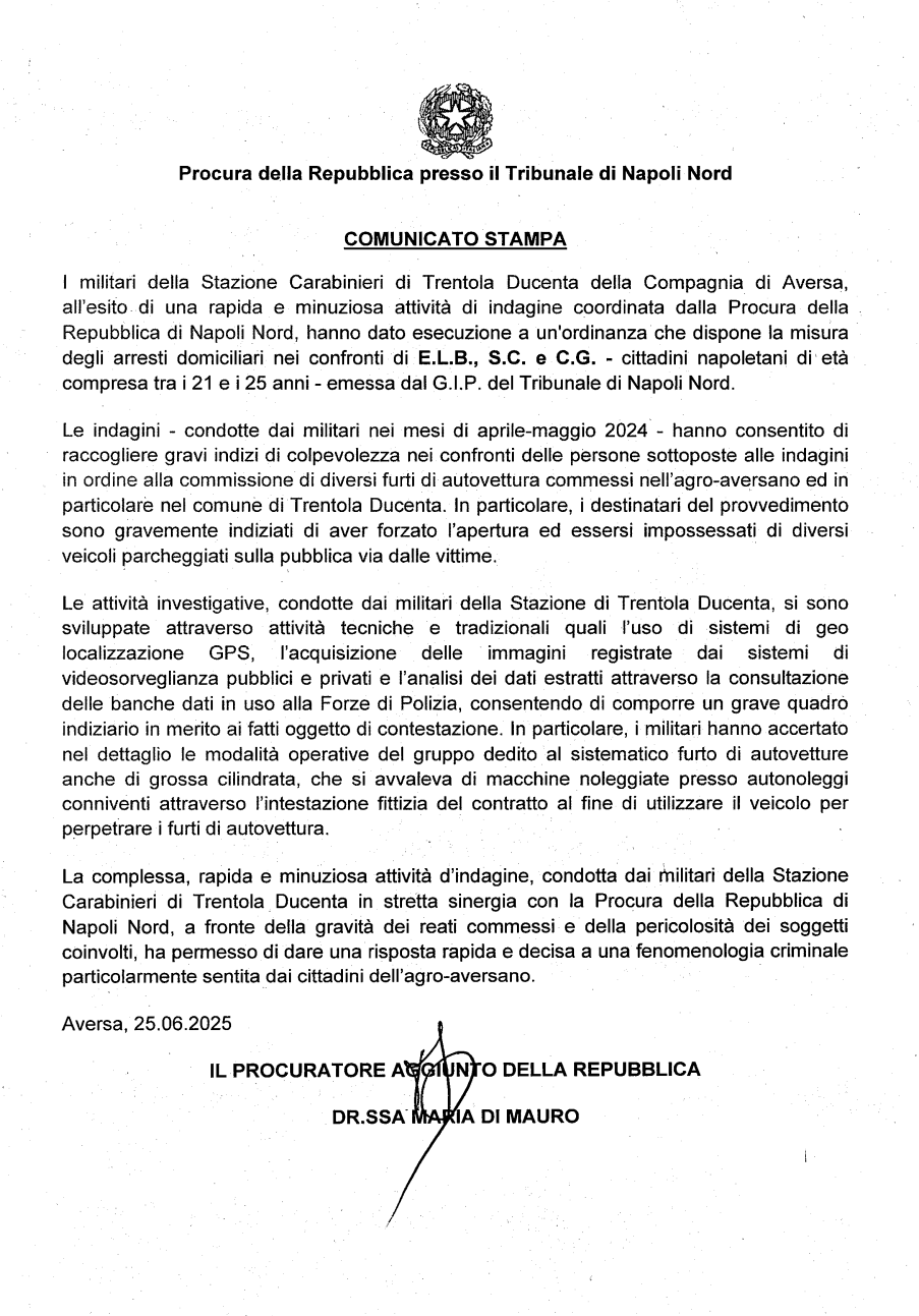 maria-di-mauro COMUNICATO STAMPA PROCURA NAPOLI NORD DEL 25 GIUGNO 2025