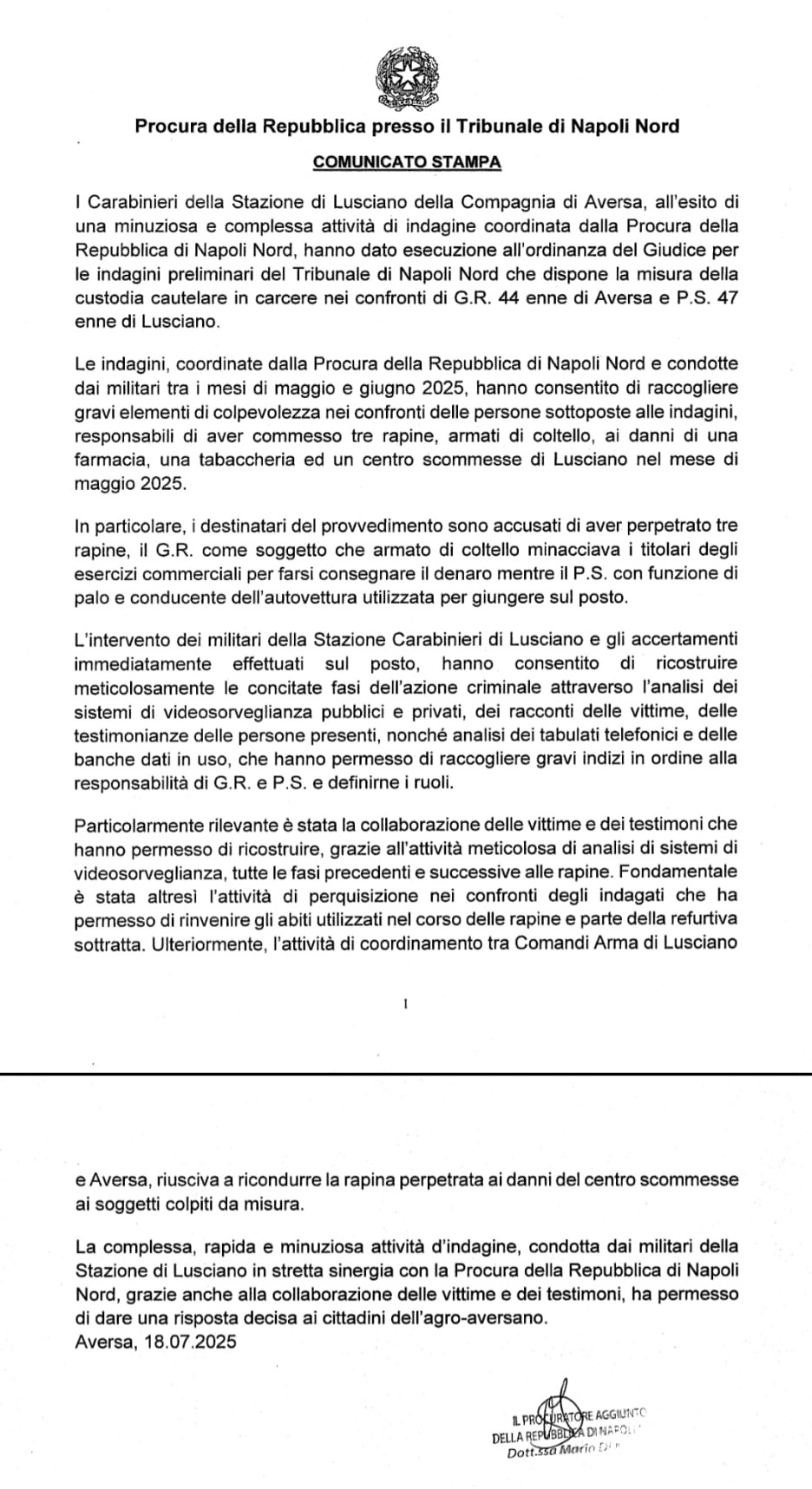 Comunicato-Procura-Napoli-Nord-1 Armati di coltello rapinano esercizi commerciali a Lusciano (CE). Arrestati.